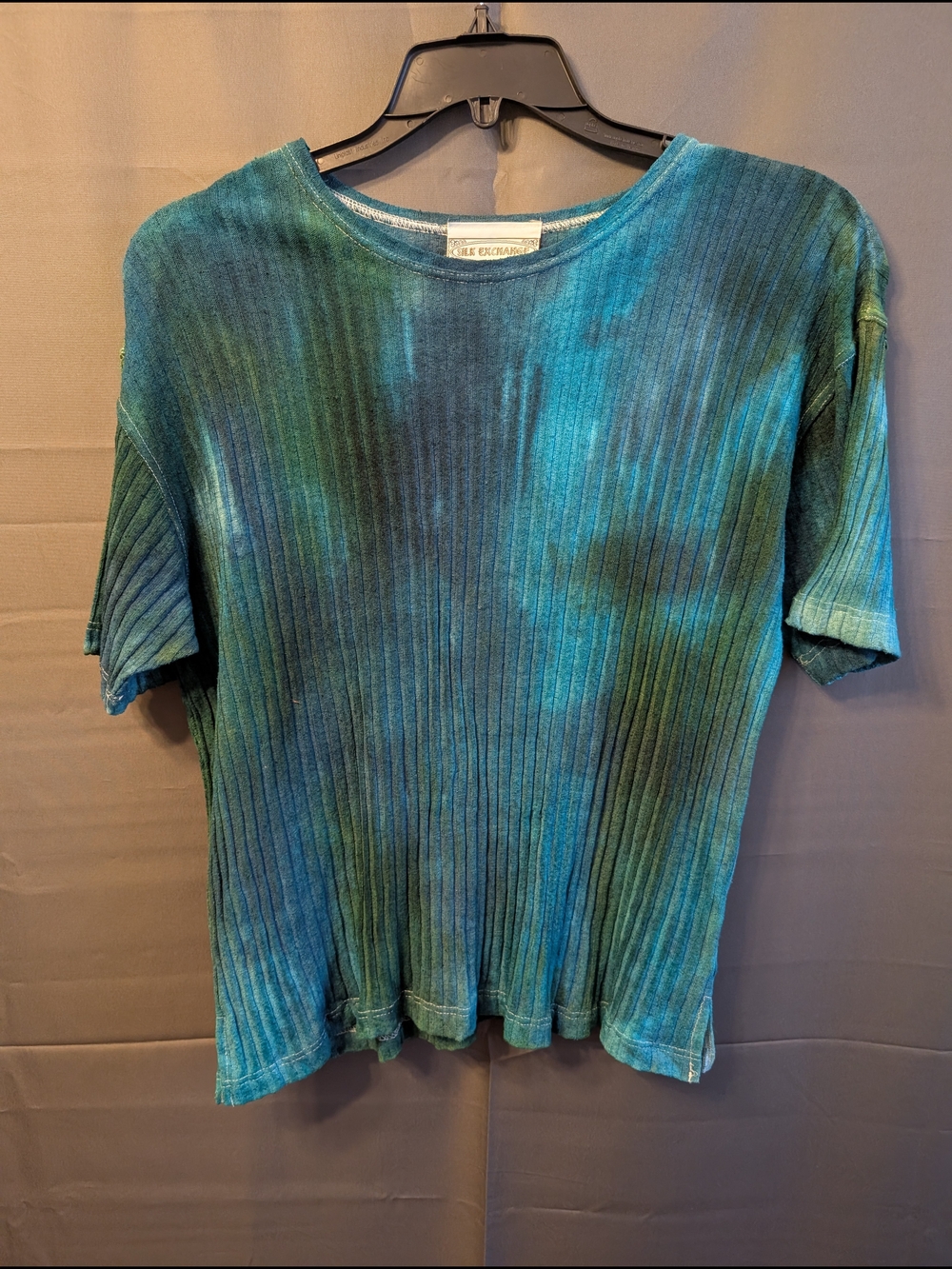 VTG Silk Exchange Tie Dye Blue Green Short Sleeve Ribbed Top